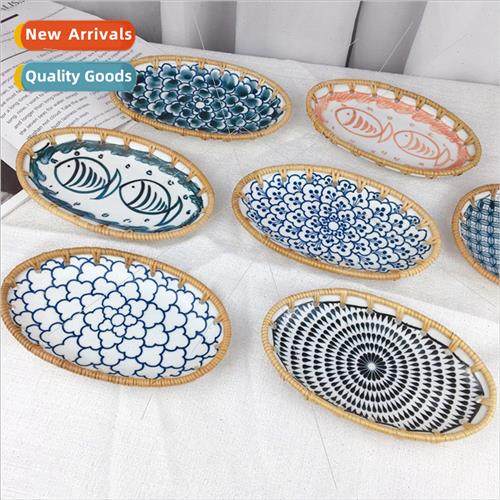 Vietnam rattan ceramic combination oval snack fru plate snac