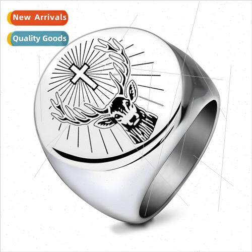 Stainless Ring Round Tanium Cross Elk Christmas Ring Europe