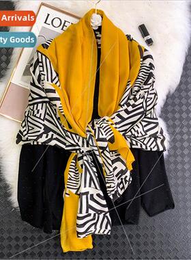 Autumn winter color blocking stripes geometric cotton scarf