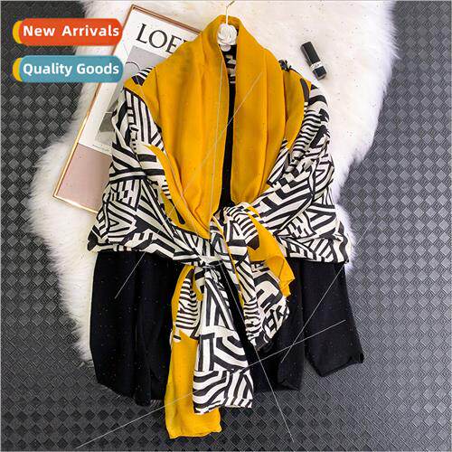 Autumn winter color blocking stripes geometric cotton scarf