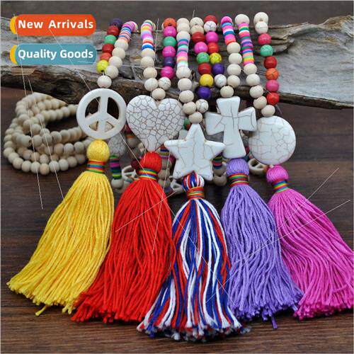 Europe wood beaded tassel colorful necklace female cross pea