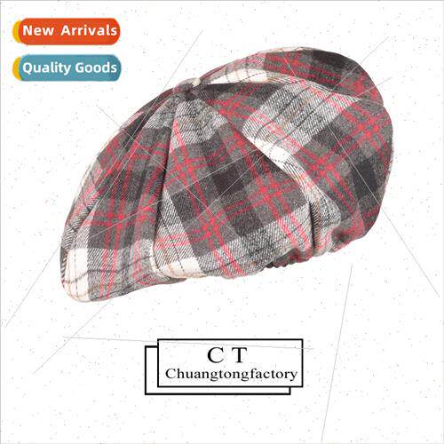 Tweed red plaid beret female fall winter big head circumfere