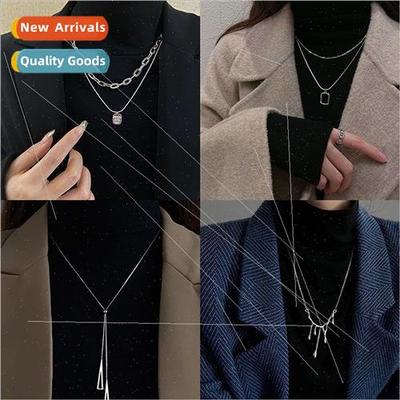 Double layered stacking geometric square necklace women ins