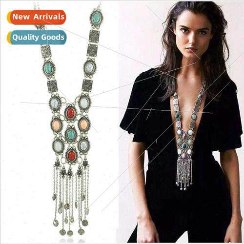 N1938 Europe Turquoise Necklace Long Chain Wave Long Tassel