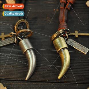 K-295 Hanging Cow Horn Pendant Coffee Color Leather Rope Gre
