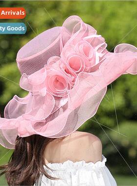 Feather Large Brim Organza 2023 Summer Sun Hat Ladies Flower