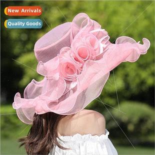 Organza 2023 Ladies Large Flower Hat Brim Sun Feather Summer