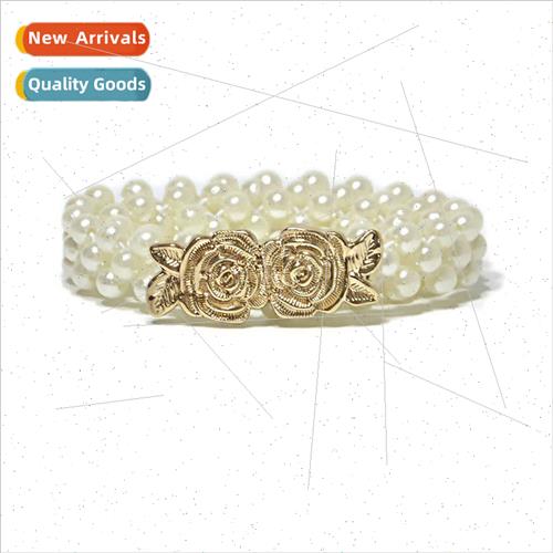 Women inlaid elastic waist chain sweet metal rose flower thi