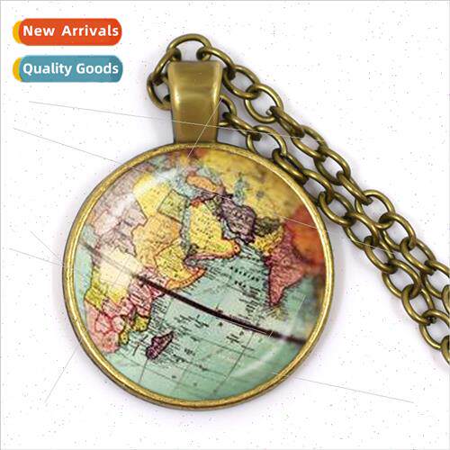 Vintage Globe World Map Time Gemstone Glass Cabochon Pendant