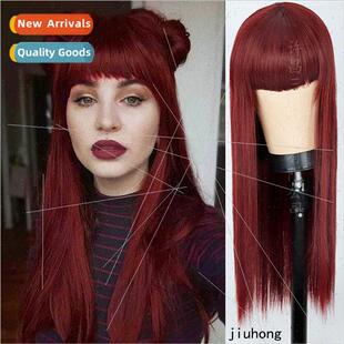 Burgundy bangs long chemical fiber wig head covering Europe