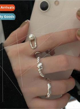 Double pearl love heart irregular ring women ins niche premi