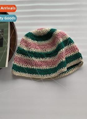 che color clash striped drape hand-knted hollow fisherman ha