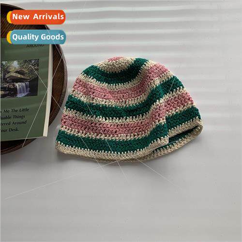 che color clash striped drape hand-knted hollow fisherman ha