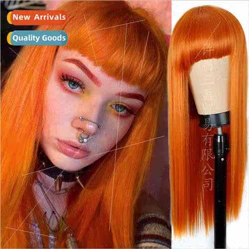 Europe wig women Qi bangs long orange chemical fiber wig hea