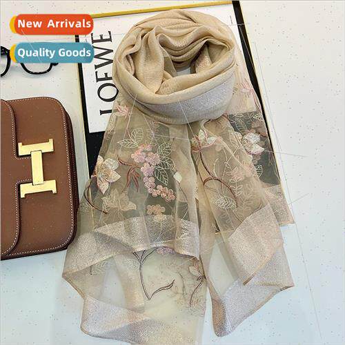 2023 Women silk wool embroidery scarf spring fall four seaso