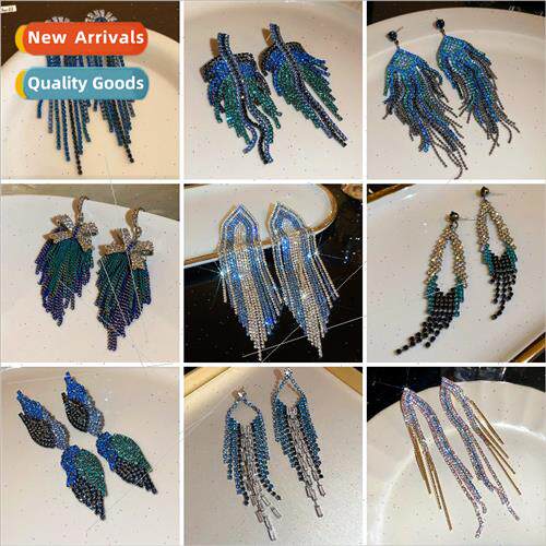lver Needle Blue Triangle Diamond Tassel Earrings Europe Ear