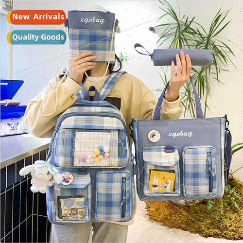 Campus students plaid double shoulder backpack Korean casual