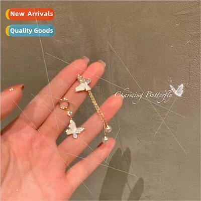 Summer asymmetric butterfly tassel earrings female niche hig