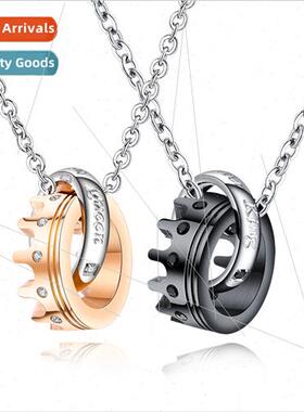 His Queen Her King Tanium Couple Necklace Diamonds Crown Pen