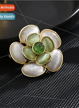 Korea cat eye stone camellia brooch high class elegant gentl