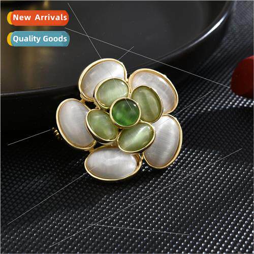 Korea cat eye stone camellia brooch high class elegant gentl