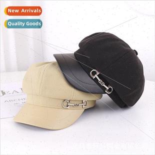 beret female duck metal tong brim buckle leather New fashion