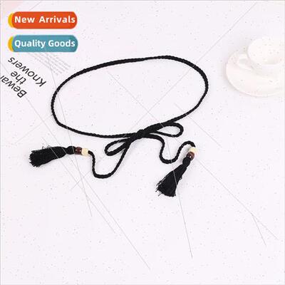 Fine cotton rope braided thin belt women skirt wooden beads