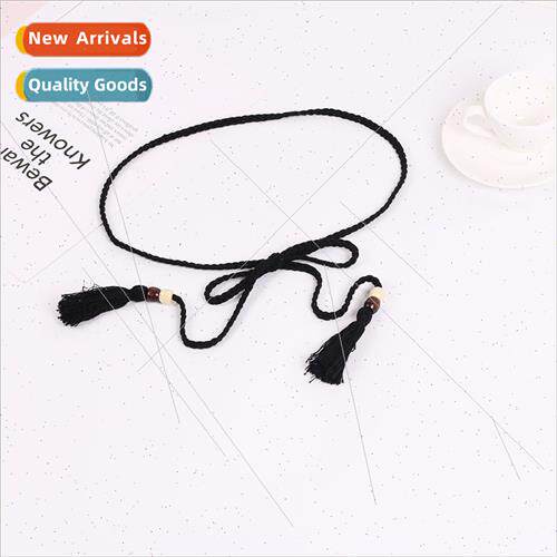 Fine cotton rope braided thin belt women skirt wooden beads