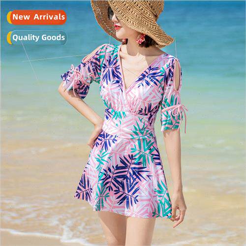 Swimsu female one-piece conservative wh sleeves swim skirt b