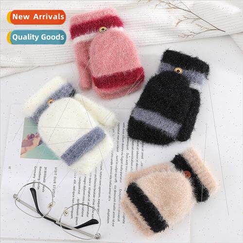 Gloves female winter new knted half finger flip gloves stude