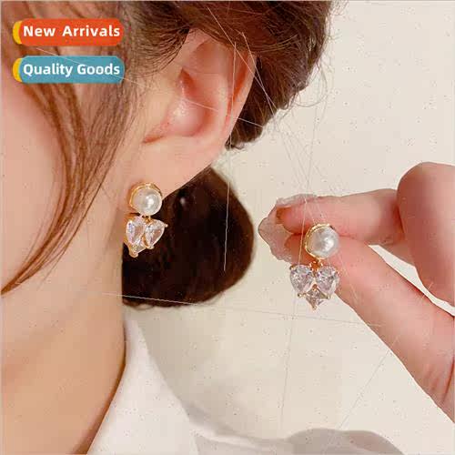 Sweet zirconia love heart pearl earrings female s925 silver