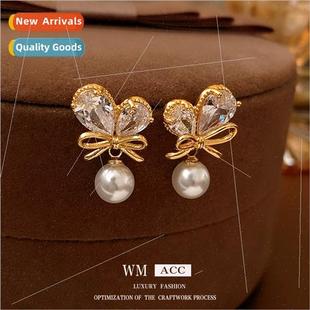 bow pearl niche pin French zirconia plating lver earrings