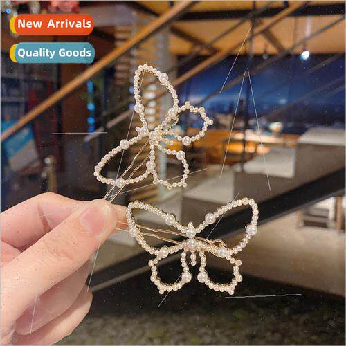mple girl imation pearl butterfly hair clip retro one word c