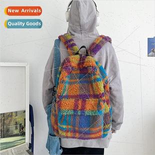 new autumn plaid bag backpa wool female lamb Shoulder winter