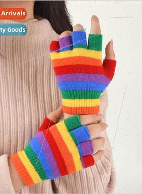 Children fall winter rainbow-colored half-finger gloves midd