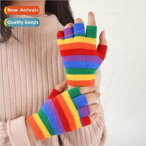 Children fall winter rainbow-colored half-finger gloves midd