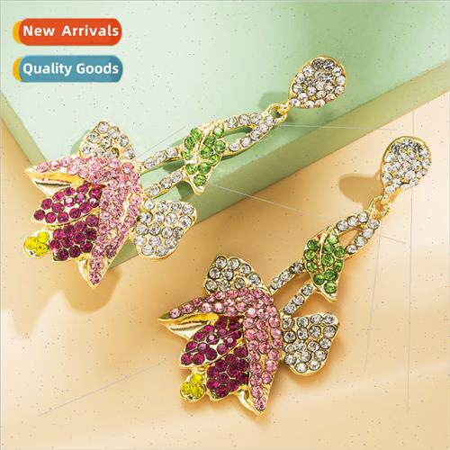 Europe new S925 silver needle rhinestone creative tulip flow