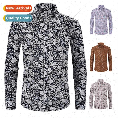 2024 fall  loose HK new printing floral shirt men long-sleev
