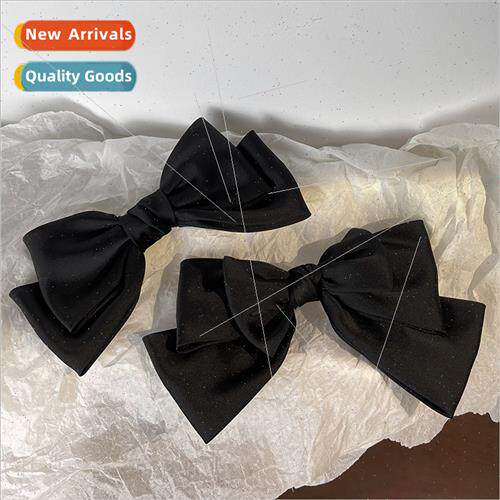 Vintage Hepburn black textured fabric bow spring clip women