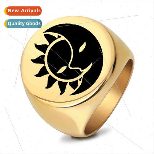 Europe punk tanium steel round simple sun moon men ring retr