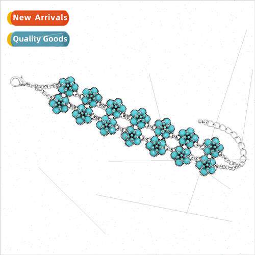 Vintage hand jewelry ethnic turquoise alloy flower bracelet