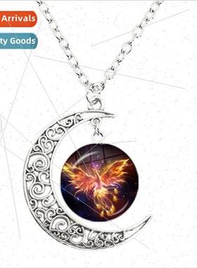 Phoenix Moon Necklace Round Glass Cabochon Handmade Men Birt