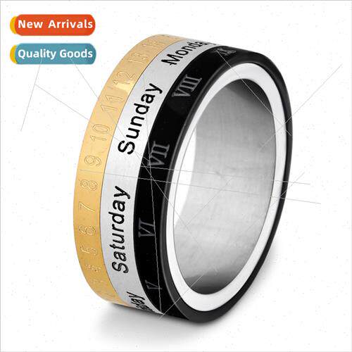 Europe Tanium Steel Calendar Turnable Ring Three Colors Engl