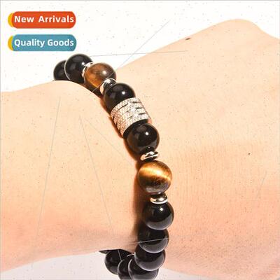 Stainless Steel Tiger Eye Obsidian Bright Black Bead Men Bra