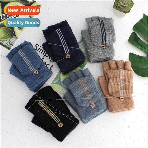 Men winter fashion striped half-finger flip-flop gloves stud