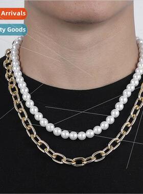 Men double gold pearl cross aluminum chain simple necklace E