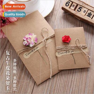 Greeting card vintage kraft paper dried flowers blessing car