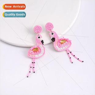 rice beads woven Creative flamingo handmade pink earring DIY