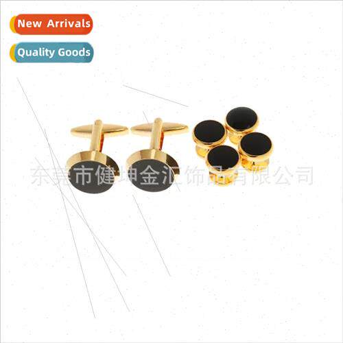 Round Black Enamel Tuxedo Gold Cufflinks Set Shirt Dress Cuf