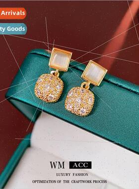 lver needle zirconia square cat eye stone earrings earrings